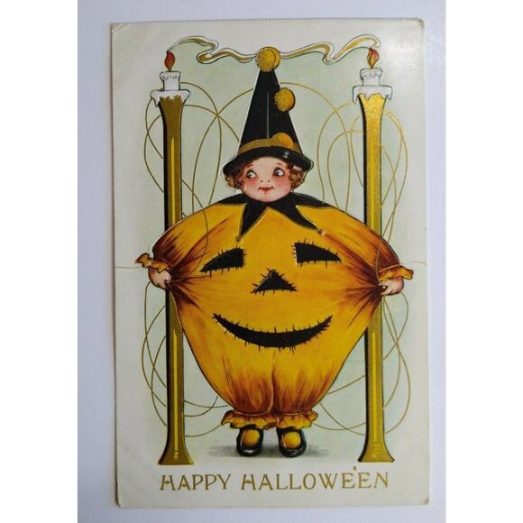 Halloween Postcard Whitney Die-Cut Standup Clown Girl Pumpkin Costume Original - Picture 2 of 7